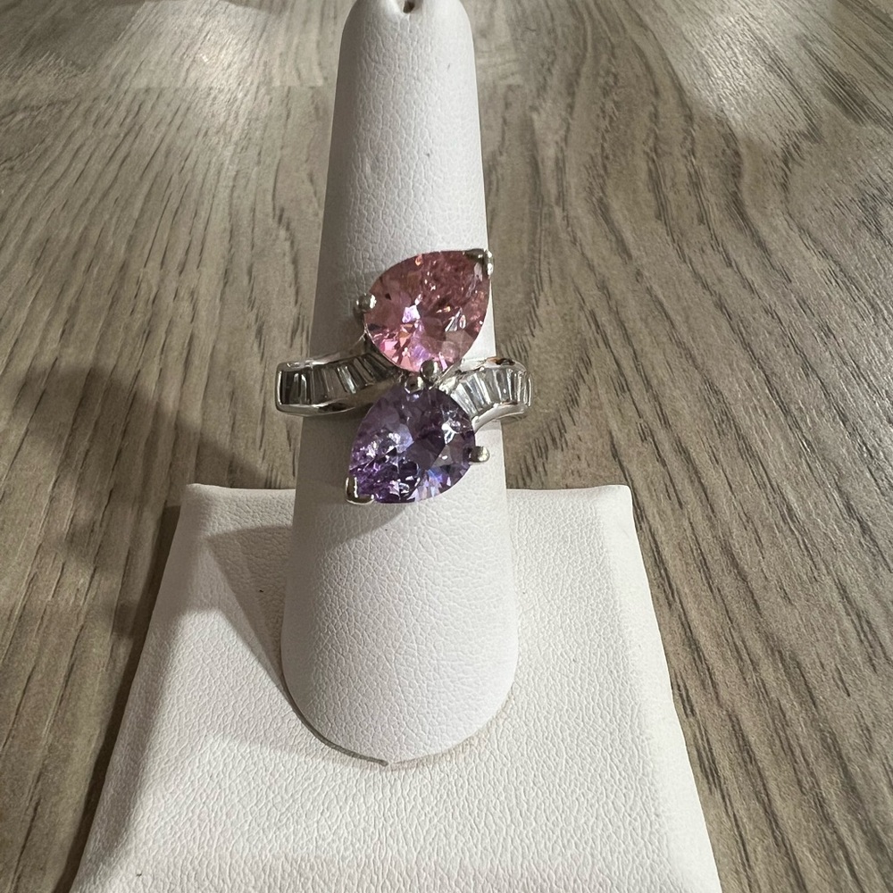 Nolan Miller Glamour Collection Pink and Purple Crystal Bypass Ring Size 8